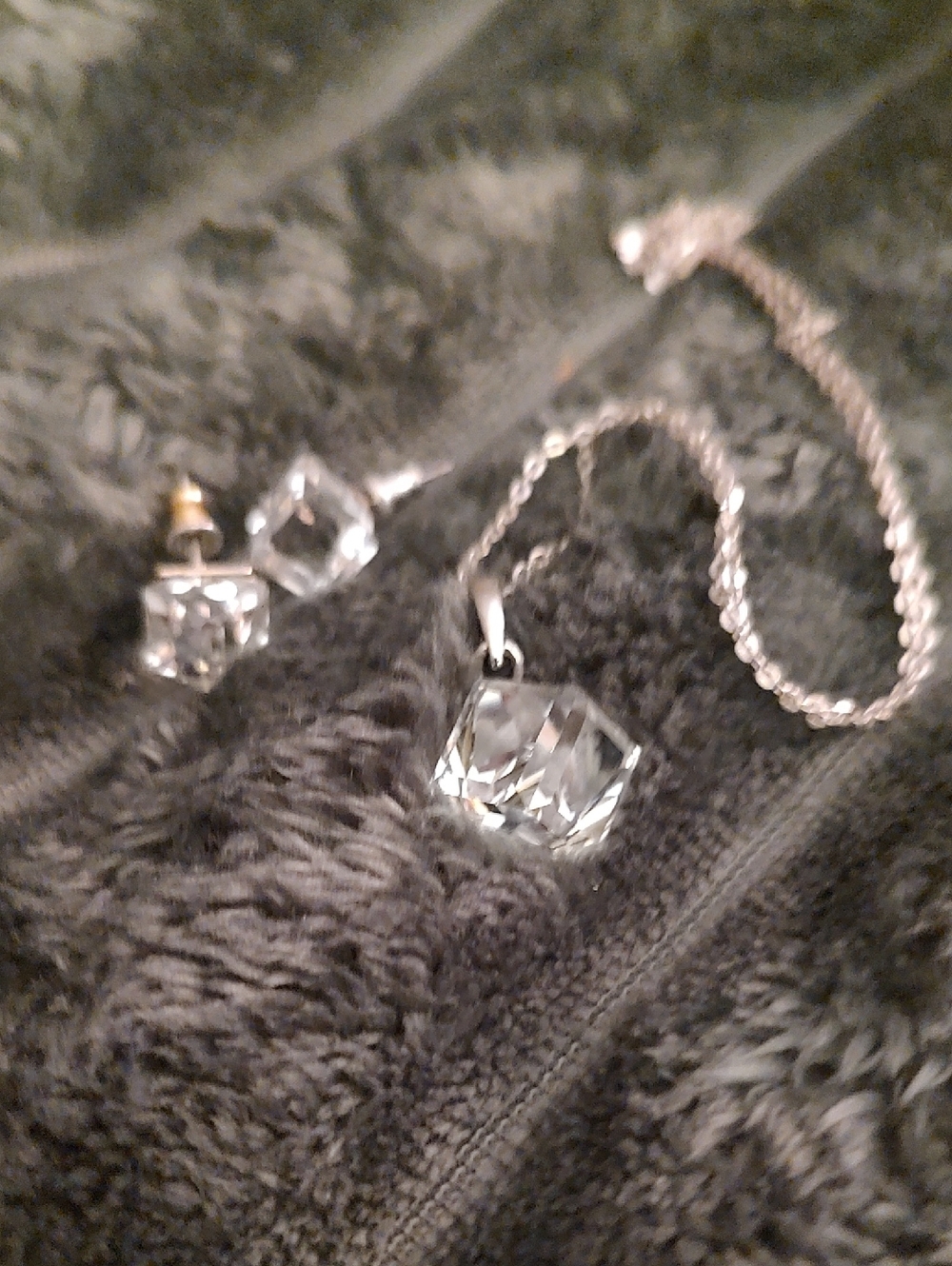 Sterling Silver Crystal Cube Pendant Necklace and Stud Earrings Set - Clear
